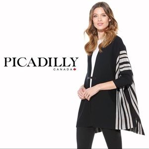 Picadilly Canada Heather Gray Striped Black Sweater Poncho Jacket Medium/Large